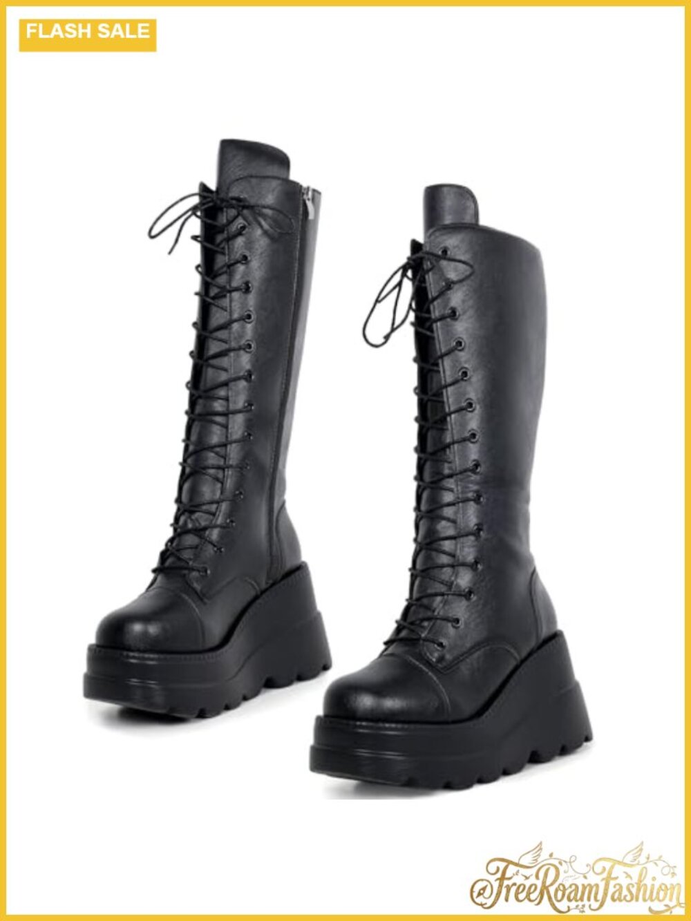 Women's Mid Calf Platform Boots Faux Leather Chunky Heel Punk Goth Lace Up